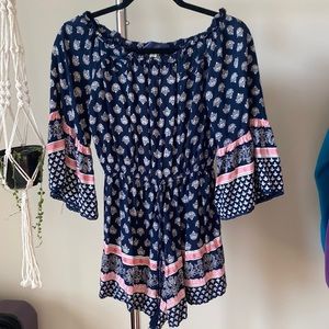 Blue Patterned Off-The-shoulder Romper